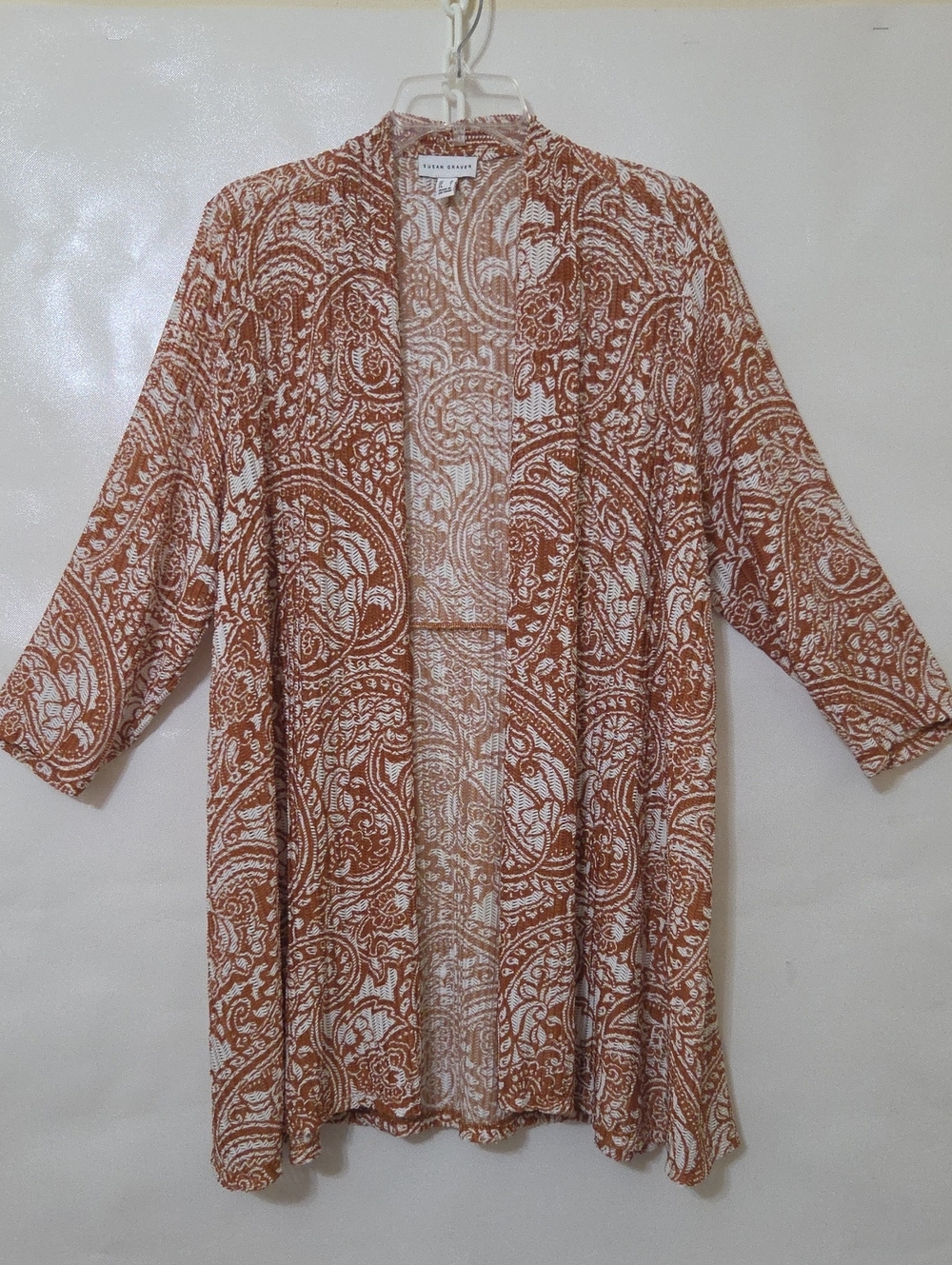 Susan Graver Women's Rust Orange Paisley 3/4 Sleeve Kimono Cardigan  Size Medium